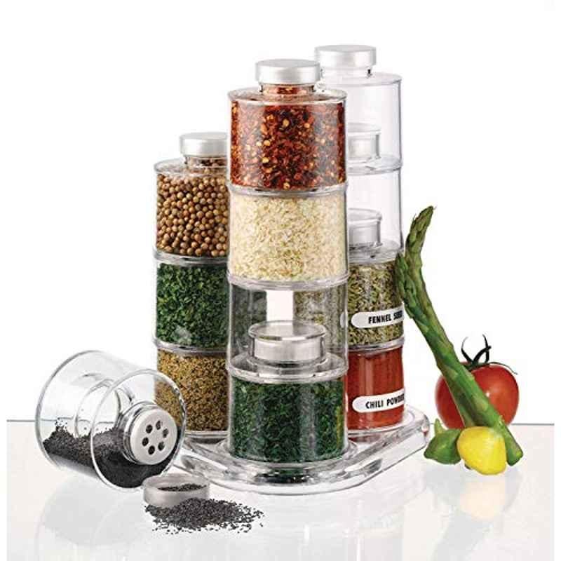 Rubik 16 Pcs Stainless Steel & Plastic Silver Spice Jar with Round Rack Holder Set