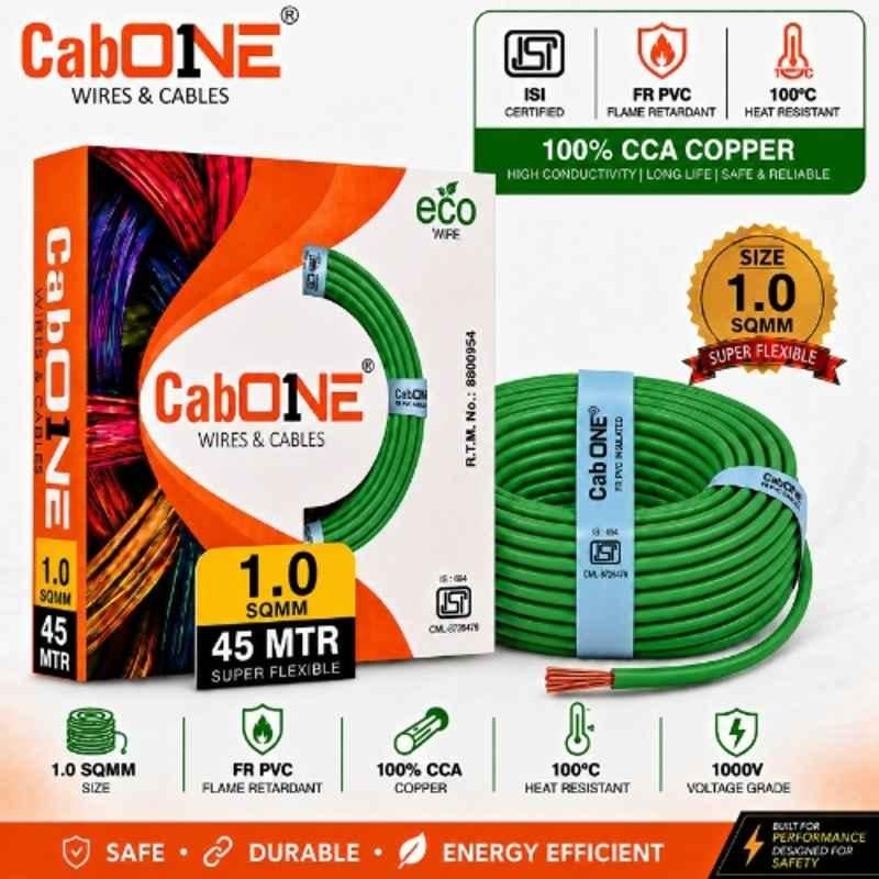 CabONE Lite 1 Sqmm Green Single Core FR PVC Insulated CCA Copper Electrical Wire, Length: 45 m