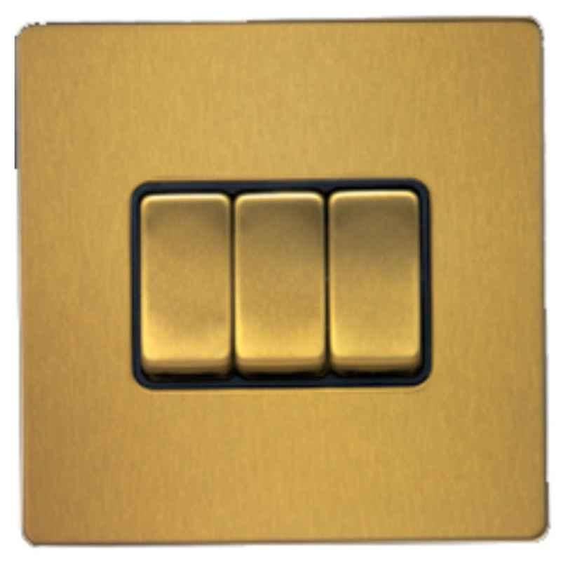 RR Vivan Metallic 10A Brushed Gold 3 Gang 2-Way Switch with Black Insert, VN6617M-B-BG