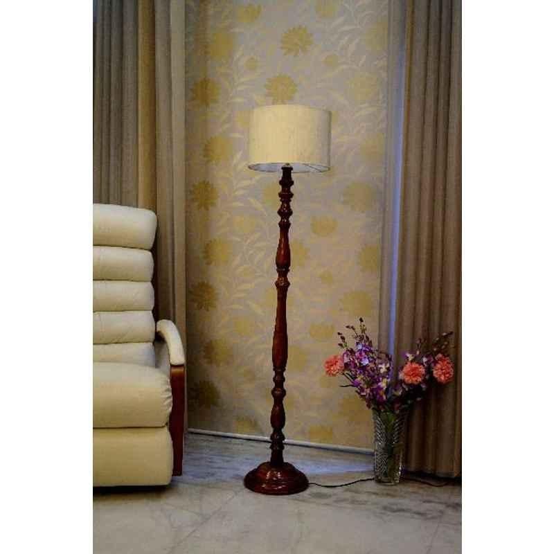 Tucasa Royal Brown Mango Wood Floor Lamp with Off White Drum Polycotton Shade, WF-92