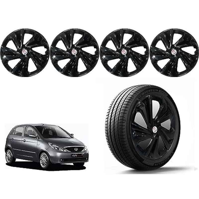Auto Pearl 4 Pcs 14 inch Polypropylene Black Press Type Car Wheel Cover Set with Retention Ring for Tata Indica Vista 2008, 14WC_Tiago_Black_IndicaVista2008