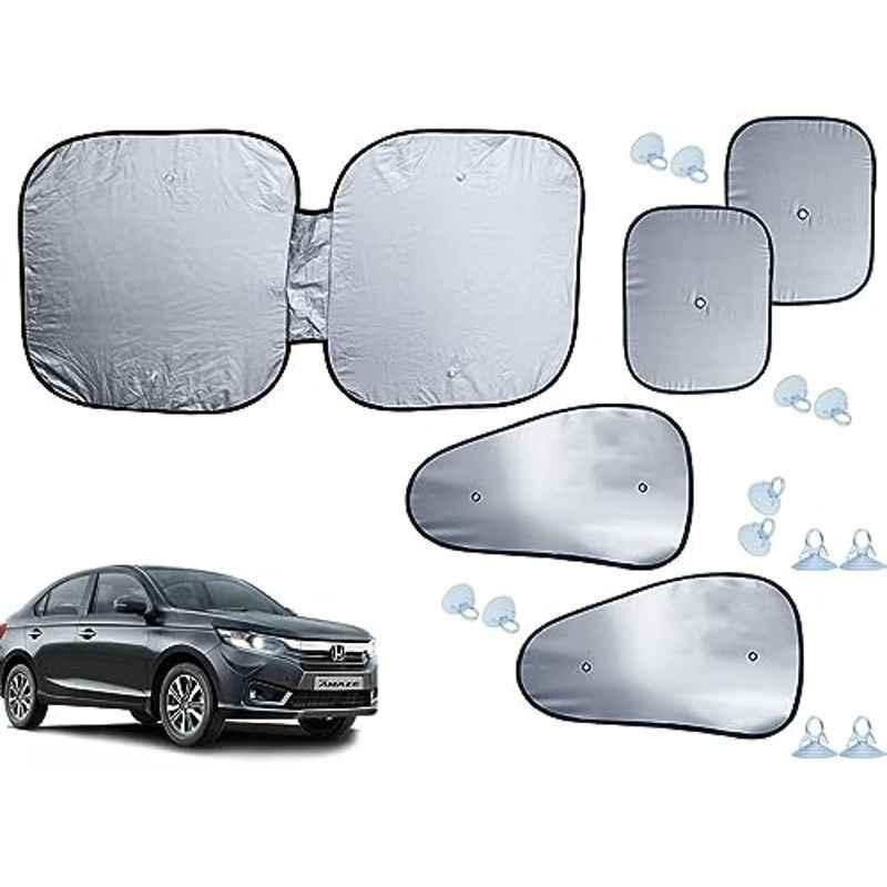 Auto Pearl 5 Pcs Polyester Black & Silver Window & Front Sun Shade Set for Honda Amaze 2021
