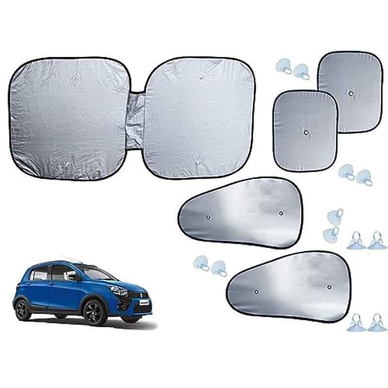 Auto Pearl 5 Pcs Polyester Black & Silver Window & Front Sun Shade Set for Maruti Suzuki CelerioX 2017