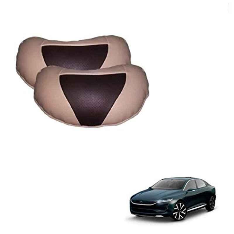 Kozdiko 2 Pcs Beige & Brown Car Neck Rest Cushion Pillow Set for Tata Evision