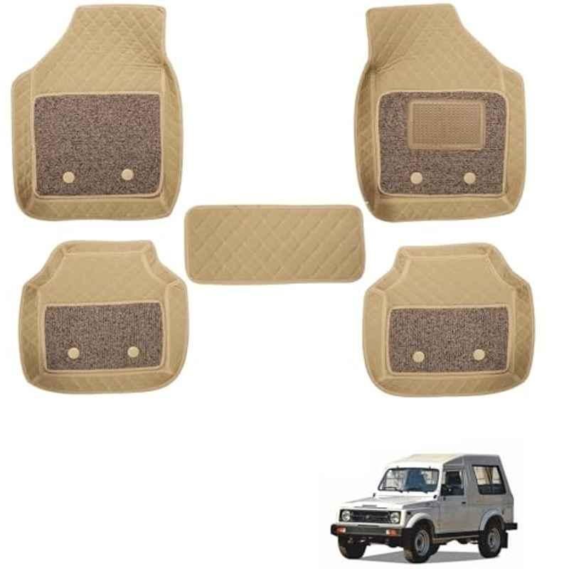 Kozdiko 5 Pcs Waterproof & Luxury 7D Beige Leatherette Car Floor Mats Set for Maruti Suzuki Gypsy