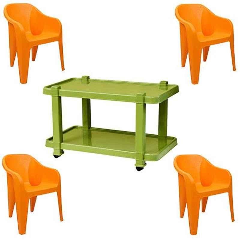 Italica 4 Pcs Polypropylene Orange Luxury Arm Chair & Green Table with Wheels Set, 2019-4/9509