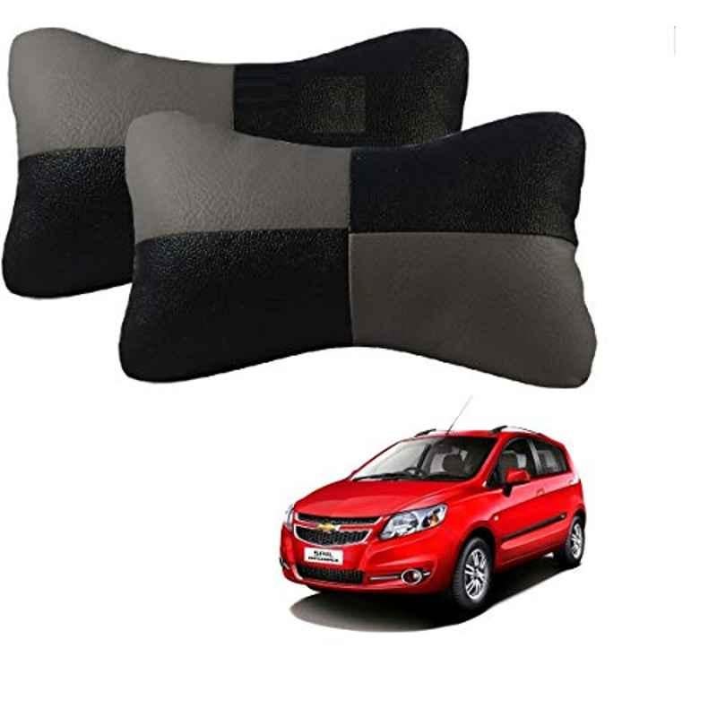Kozdiko 2 Pcs Leather Grey & Black Neck Rest Car Cushion Pillow Set for Chevrolet Sail Hatchback