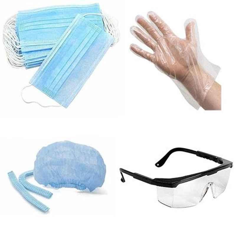 Siddhivinayak Light Blue Non-Woven Disposable Cap (Pack of 100), Poliy Plastic Gloves (Pack of 200), Siddhivinayak 3 Ply Non-Woven & Melt Blown Blue Disposable Face Mask (Pack of 100) & Zoom Clear Safety Goggles (Pack of 12)