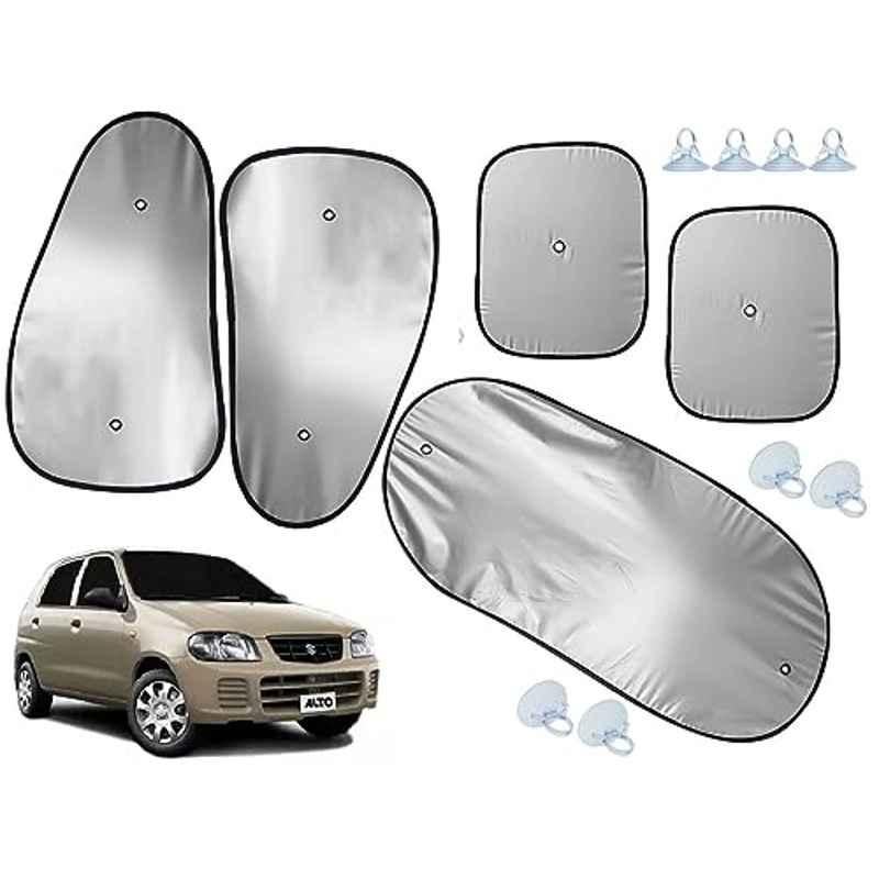Auto Pearl 5 Pcs Polyester Black & Silver Window & Rear Sun Shade Set for Maruti Suzuki Alto STD 2000-2012