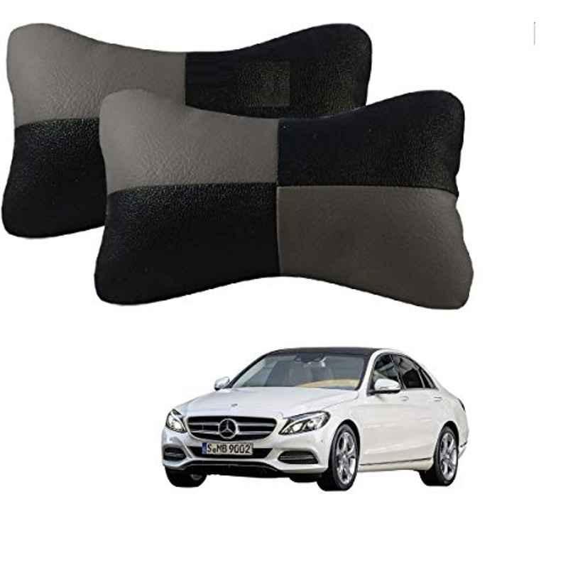 Kozdiko 2 Pcs Leather Grey & Black Neck Rest Car Cushion Pillow Set for Mercedes Benz C-Class