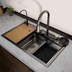 Happy Homes Essential 30x18x9 inch Stainless Steel Black Matt Single Bowl Honeycomb Waterfall Kitchen Sink with RO Tap
