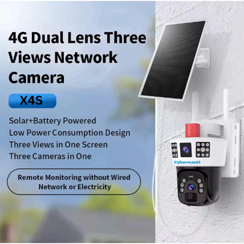 Cybernautt X4S 4MP 2 Lens 3 Views FHD Solar Sim Camera with Human Detect Alarm, Two Way Audio, Weatherproof, Siren, Motion Detect & SD Upto 128 GB