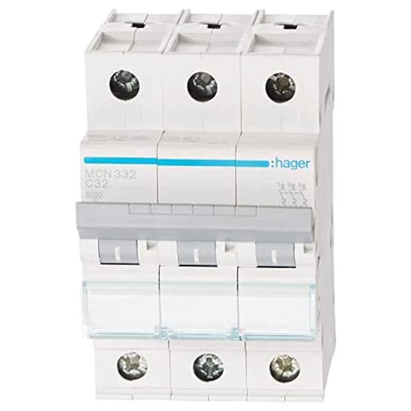 Hager 32A 6kA 3 Pole C-type Miniature Circuit Breaker, MCN332