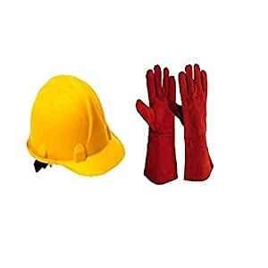 Krost Welding Combo Red Leather Welding Gloves, Inner Cotton Lining & Safety Helmet