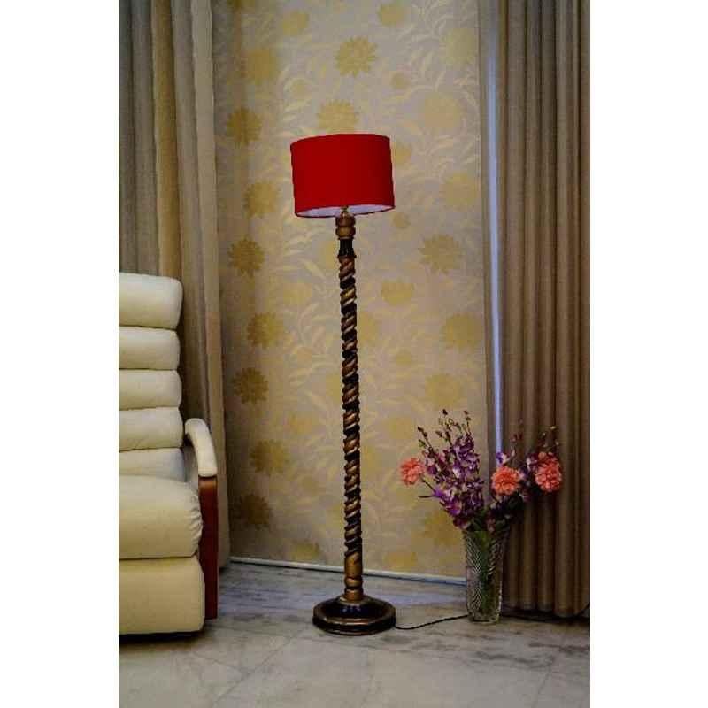 Tucasa Mango Wood Black & Gold Floor Lamp with Red Drum Polycotton Shade, WF-63