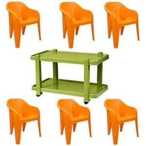 Italica 6 Pcs Polypropylene Orange Luxury Arm Chair & Green Table with Wheels Set, 2019-6/9509