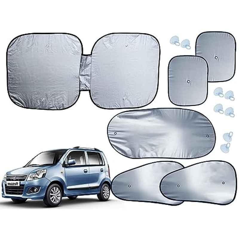 Auto Pearl 6 Pcs Polyester Black & Silver Window, Front & Rear Sun Shade Set for Maruti Suzuki WagonR 2010-2013