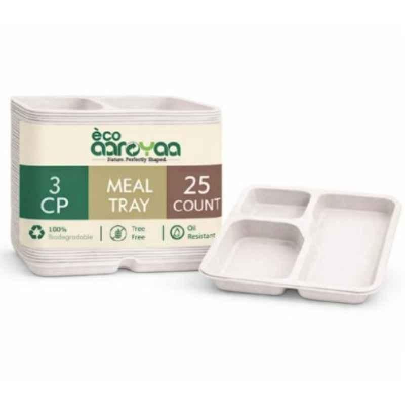 Eco Aaroyaa Bagasse Square Disposable Meal Tray with 3 Compartments (Pack of 25)
