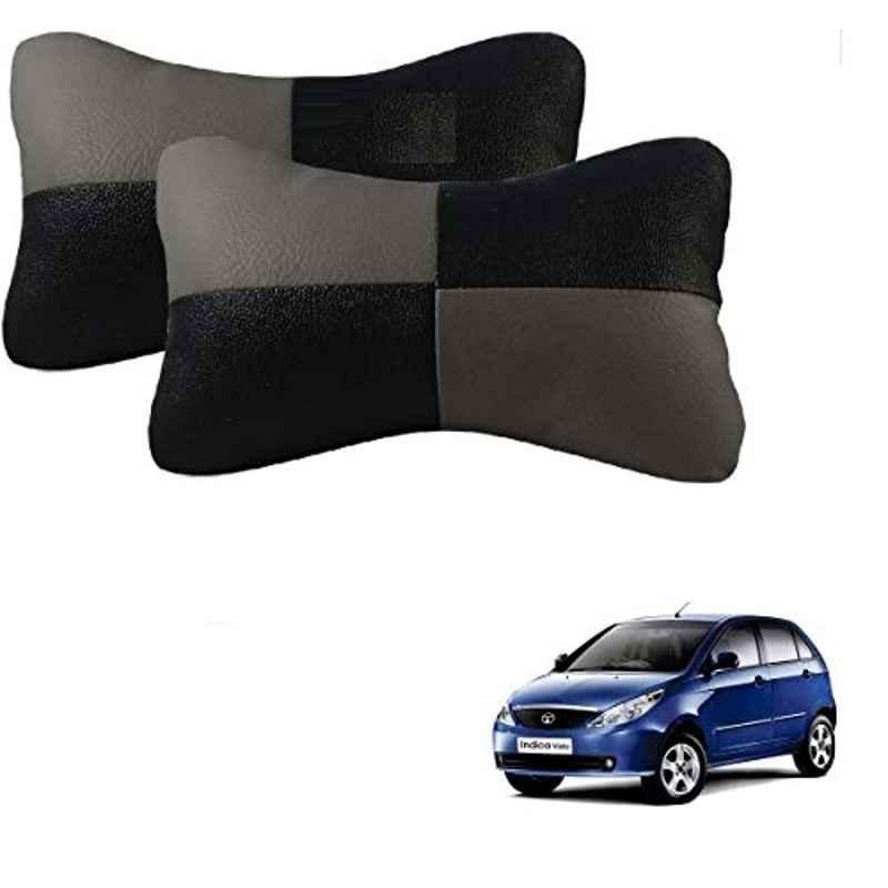 Kozdiko 2 Pcs Leather Grey & Black Neck Rest Car Cushion Pillow Set for Tata Indica Vista