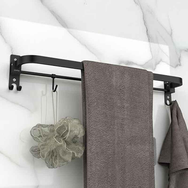 Plantex Stainless Steel Folding Single Towel Rod with Hooks/Towel Holder for Bathroom/Towel Hanger/Towel Stand/Bathroom Accessories 24 inch -Black