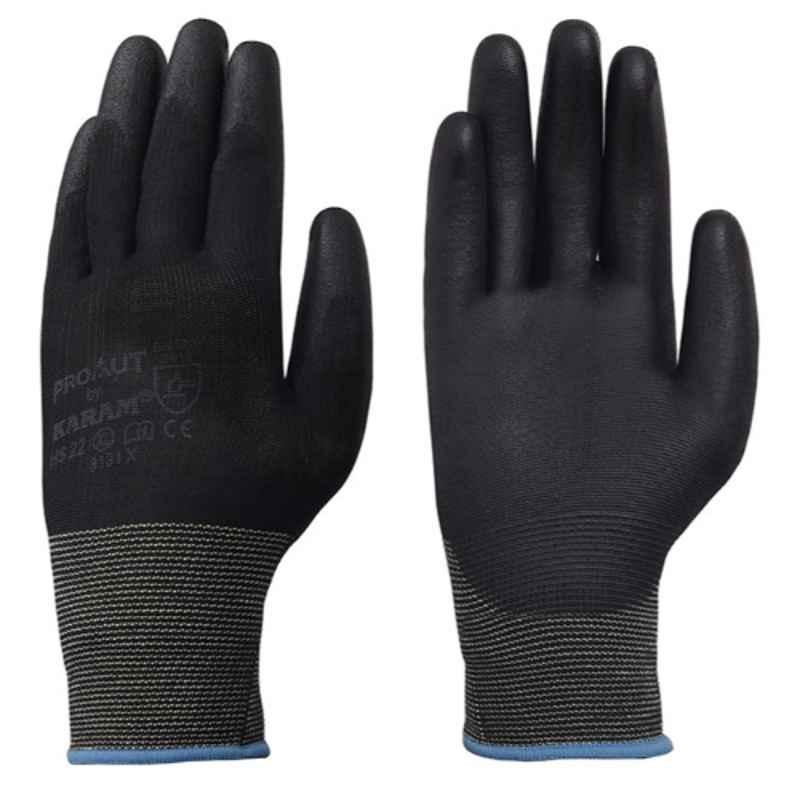 Karam HS22 Black Polyester Liner Gloves with Black PU Coating Size: XL