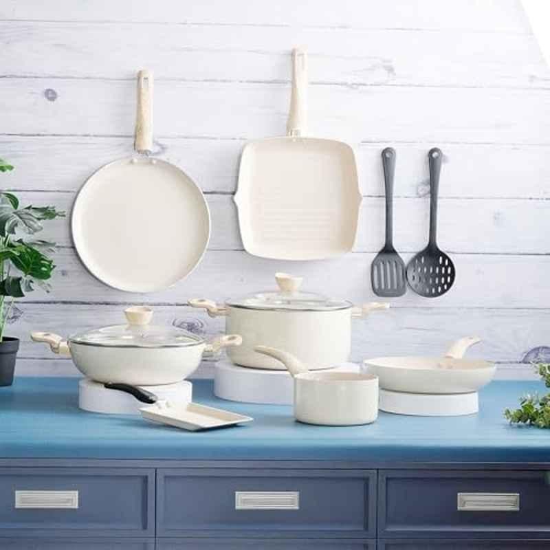 Cookaid 11 Pcs Aluminium Cream Non Stick PTFE Cook & Serve Casserole Set, CKD-NS-CW11-23