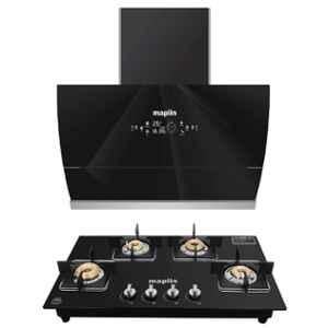 Maplin GO90 1400CMH 90cm Black Touch Glass Kitchen Chimney & GH04 4 Burner Gas Cooktop Combo