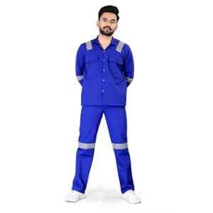Areevanz 180 GSM Cotton Regular Fit Royal Blue Safety Coverall Boiler Suit with 2 inch Reflective Tape, Size: M