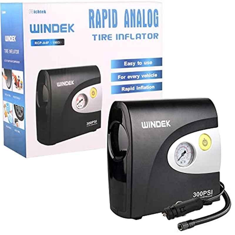 Windek 1903 Compact Tyre Inflator Air Pump 300 Psi With Powerful Compressor Compatible With All Car & Bikes (Black)