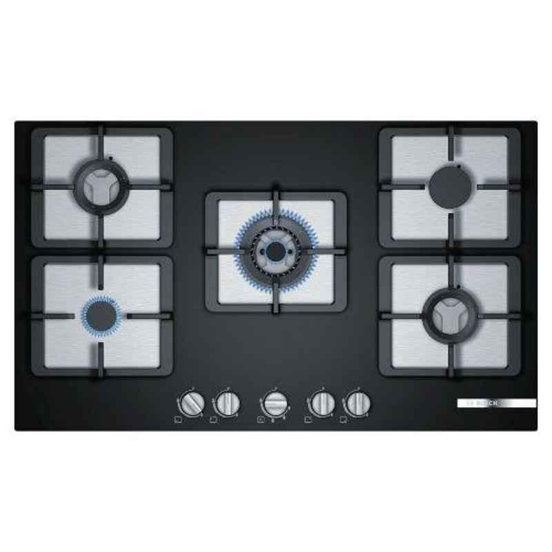 Bosch Serie 4 90cm 5 Brass Burner Black Glass Gas Hob with Auto Ignition Knob PPQ9S6F20I