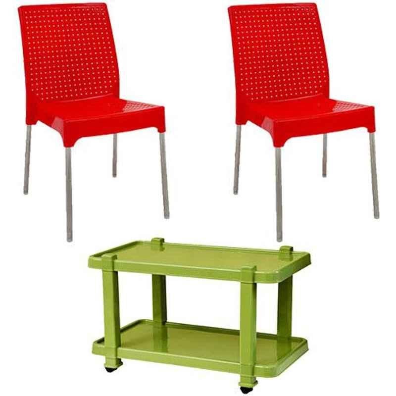 Italica 2 Pcs Polypropylene Red Plasteel without Arm Chair & Green Table with Wheels Set, 1206-2/9509