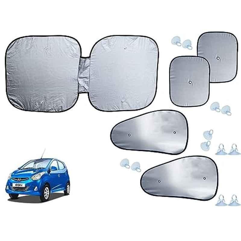 Auto Pearl 5 Pcs Polyester Black & Silver Window & Front Sun Shade Set for Hyundai Eon D Lite