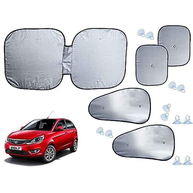 Auto Pearl 5 Pcs Polyester Black & Silver Window & Front Sun Shade Set for Tata Bolt XB, XE & XM