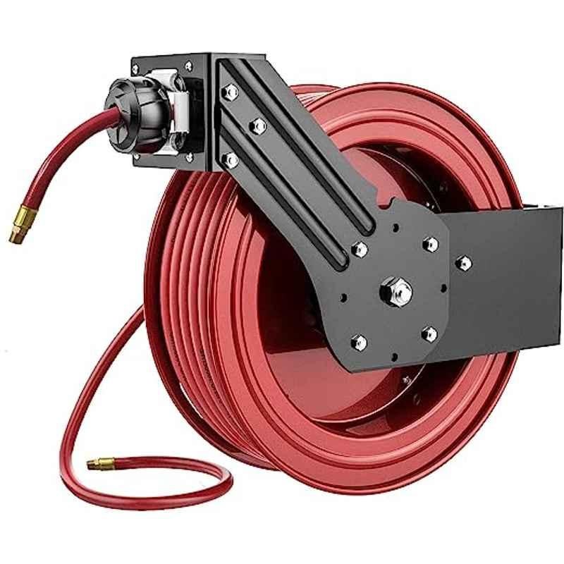 Dolphy 3/8 inch 20m Black & Red Retractable Air Compressor Hose Reel  Enclosed with Brass Fittings, DHPR0024