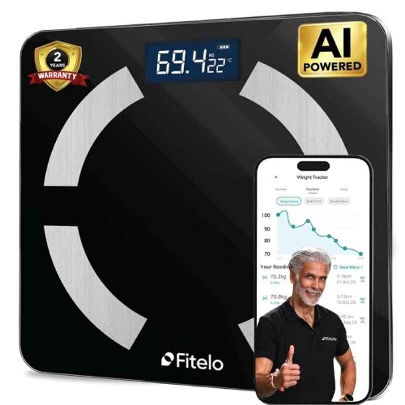 Fitelo 180kg Tempered Glass Black LED Display Smart BMI Weight Scale with Track 25+ Body Parameters, Body Fat & Muscle Mass for Home & Gym, JP-DKS2-7WOG Fitness