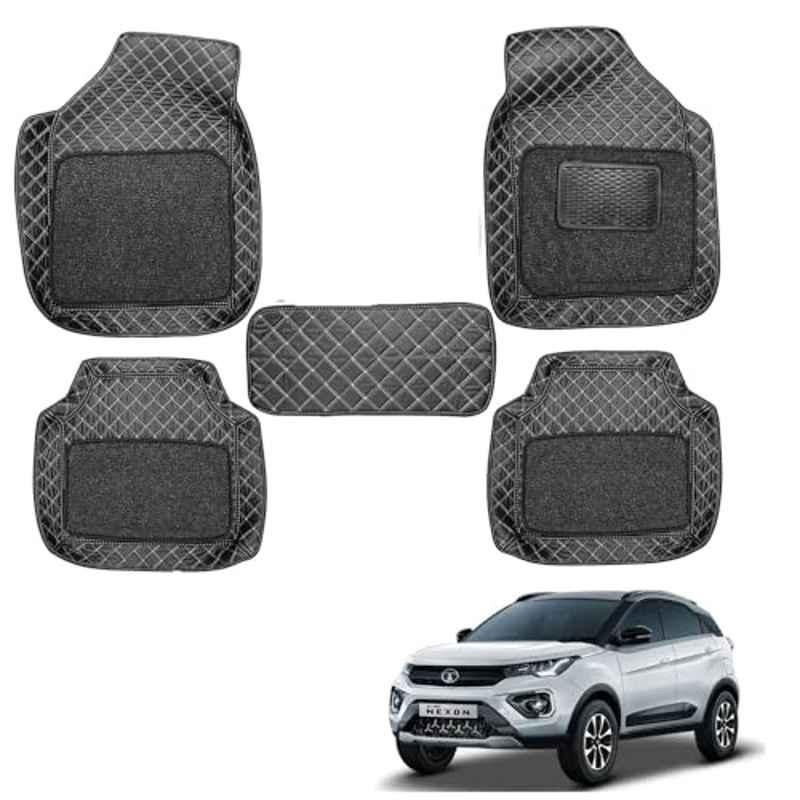 Kozdiko 5 Pcs Waterproof & Luxury 7D Black Leatherette Car Floor Mat Set for Tata Nexon EV