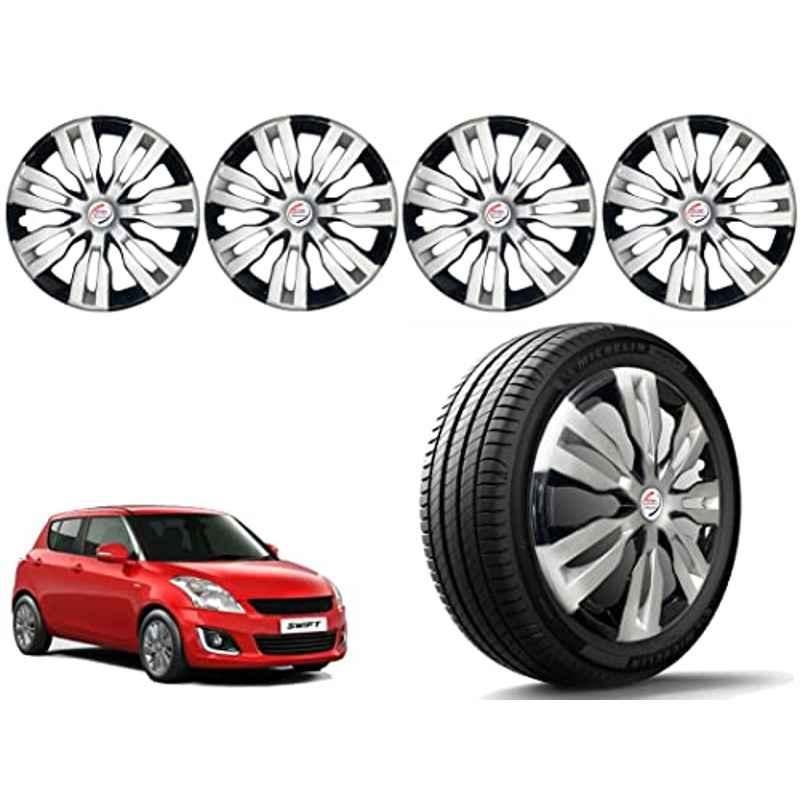 Auto Pearl 4 Pcs 14 inch Polypropylene Silver & Black Press Type Car Wheel Cover Set with Retention Ring for Maruti Suzuki Swift 2015-2017
