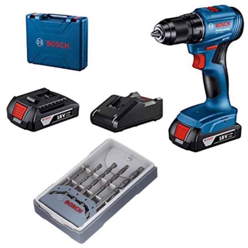 Bosch GSB-185-LI Professional Impact Drill with 2x2.0 Ah Battery, GAL18V-20 Charger, Case & CYL-3 5 Pcs 4-8mm Silver Percussion Concrete Drill Bit Set Combo