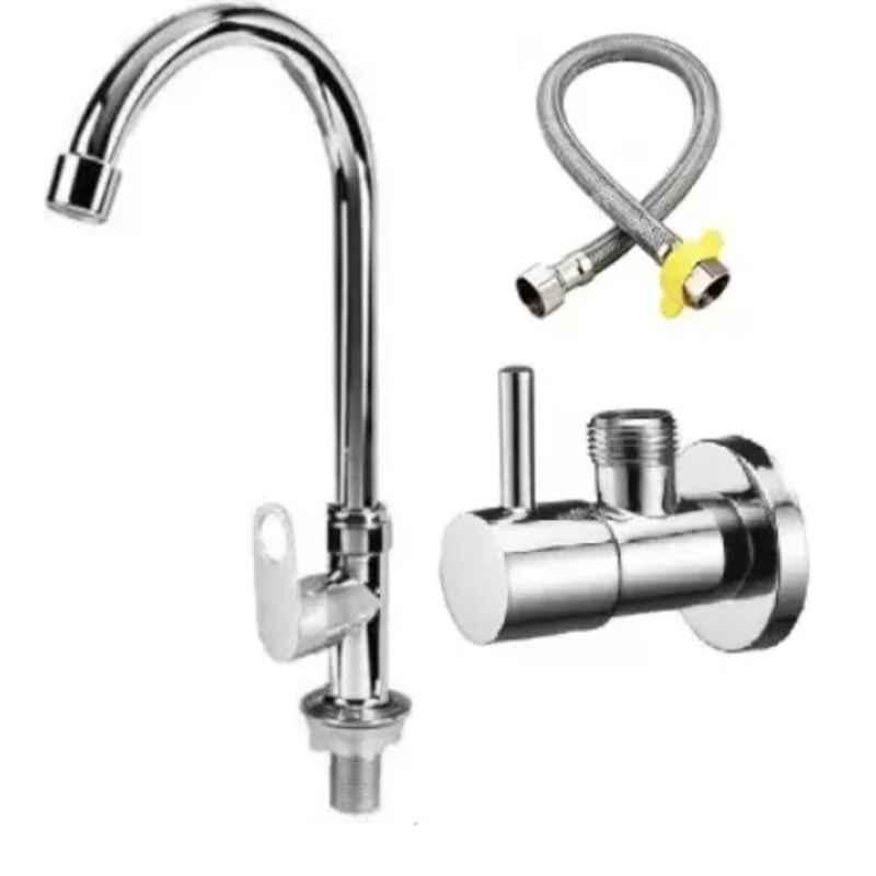 Fastgear Stainless Steel Angle Wall Cock Set with Swan Neck Tap & Connection Pipe