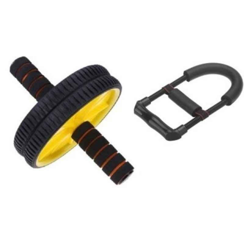 Shopeleven Plastic Yellow & Black Wheel Ab Roller with Wrist Stretching Gripper