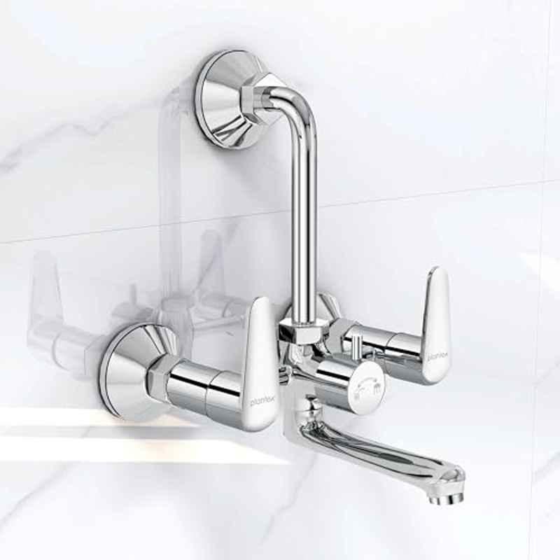 Plantex Pure Brass Wall Mixer for Bathroom 2-in-1 with L-Bend Connector/Tap Mixer/Nickel Chrome Mirror Finish Mixture Tap with Water Saving Aerotor (DOL-2320-Chrome)