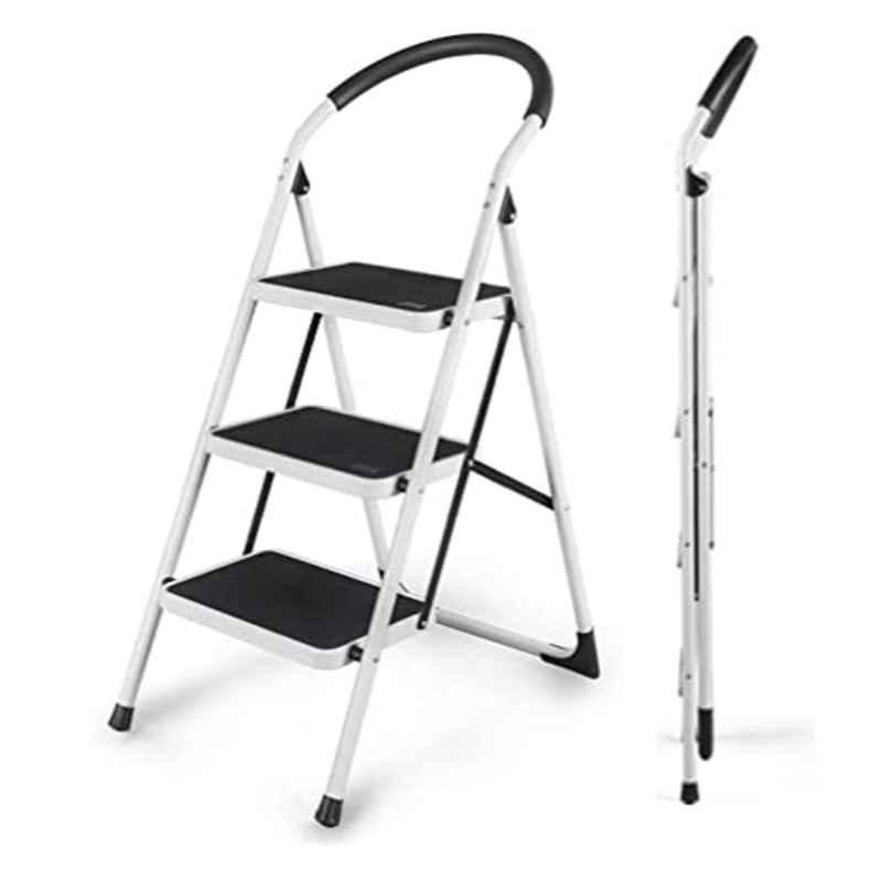Sunrise 56x12.67x56cm 3 Steps Steel White Foldable Ladder with Wide Anti-Slip Pedal