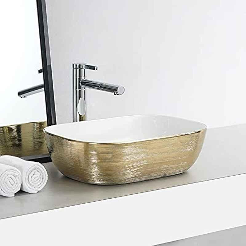 InArt 18x13x5.5 inch Ceramic White & Gold Countertop Wash Basin, INA-127