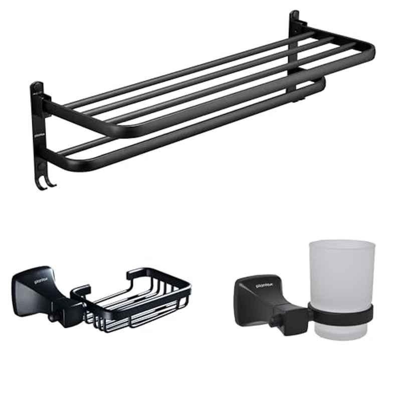 Plantex Towel Rack with Fix Towel Rod/Aluminium Folding Towel Bar/Single Soap Dish/Soap Holder/Tumbler Holder/Toothbrush Holder for Bathroom/Bathroom Accessories Set Black