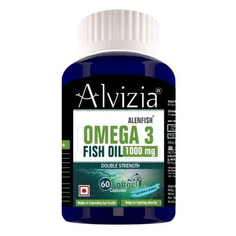 Alvizia 60 Pcs Capsules 1000mg Double Strength Burp-Less with Omega 3 Cold-Water Peruvian Fish Oil Bottle