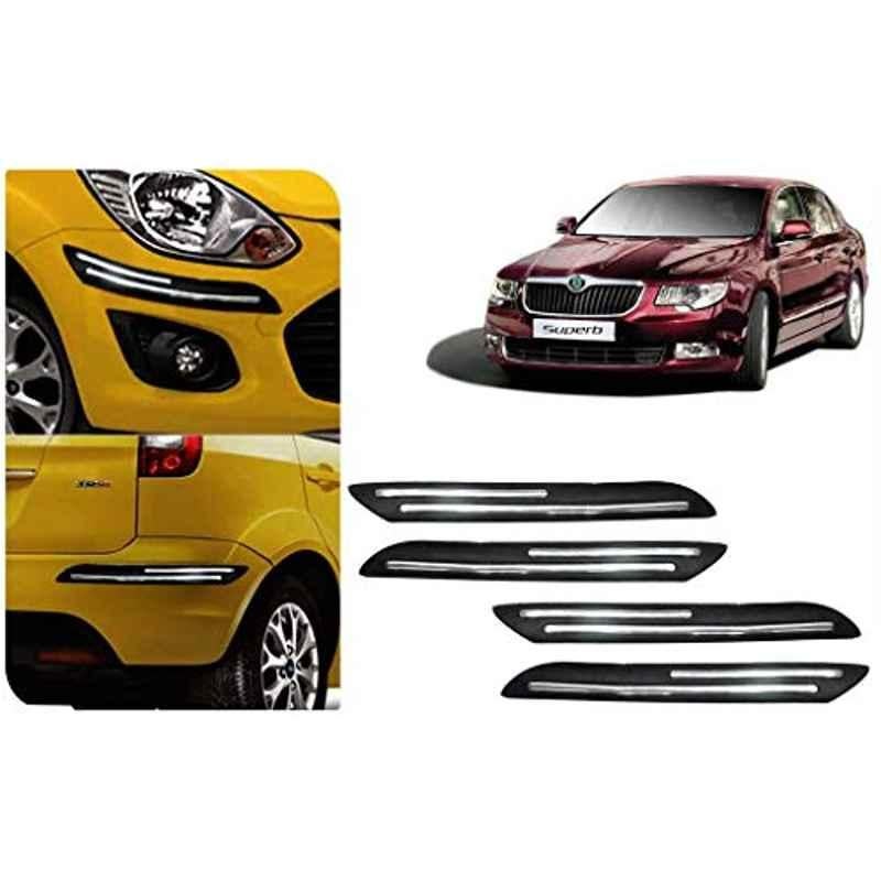 Auto Pearl 4 Pcs PVC & Rubber Black Double Chrome Linning Bumper Corner Moulding Set for Skoda Superb