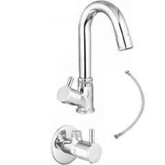 IRIS Dove 3 Pcs Brass Chrome Finish Swan Neck Basin Tap, Connection Pipe & Angle Valve Set by Moglix