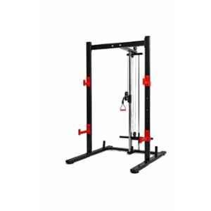 GYM24 Equipment Metal & Stainless Steel Red & Black Squat Rack With Single Pully Cable Cross Machine & J Hooks Safety Bars Spotter Arms