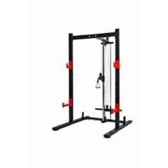 GYM24 Equipment Metal & Stainless Steel Red & Black Squat Rack With Single Pully Cable Cross Machine & J Hooks Safety Bars Spotter Arms