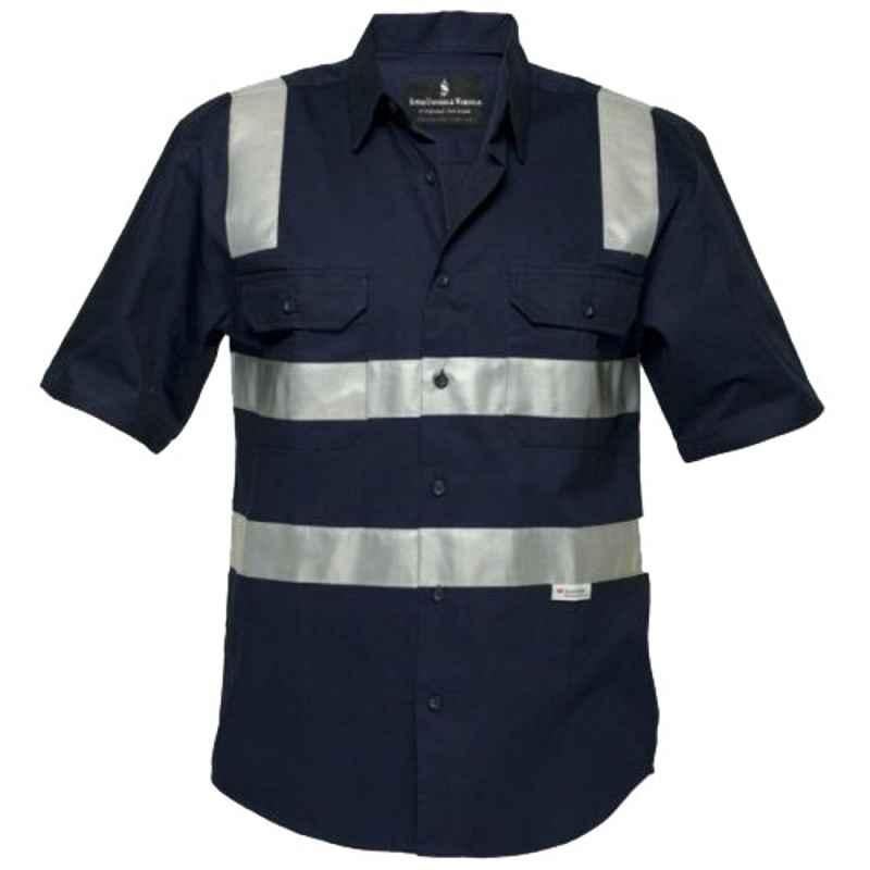 Superb Uniforms Cotton Navy Short Sleeves High Visibility Reflective Uniform Shirt, SUW/N/HVDS03, Size: 2XL
